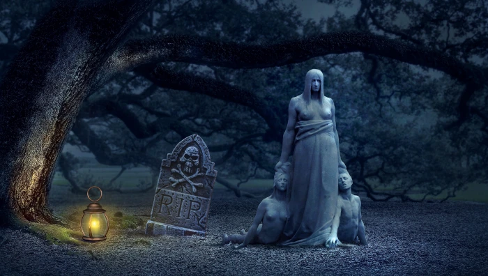 man holding and woman with RIP tombstone digital wallpaper 2k 4k 5k