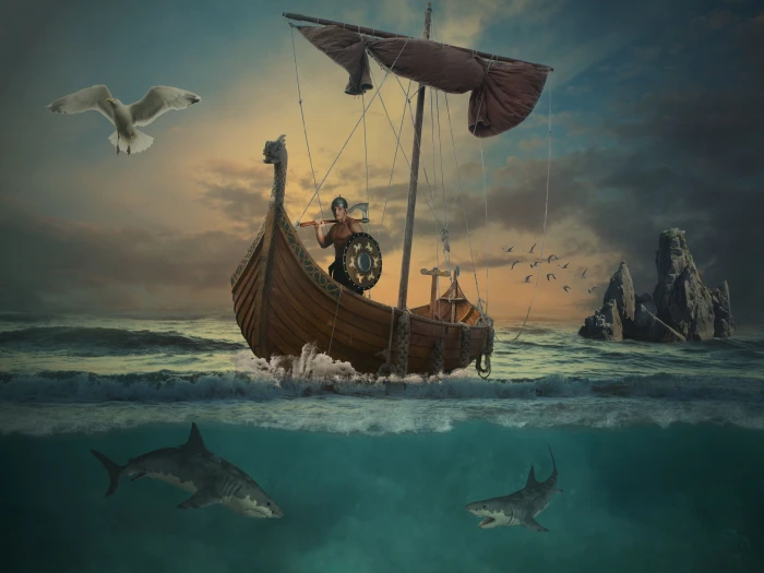 man on boat painting waters ocean sea vikings island boot 2k 4k 5k