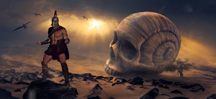 man standing on black stone near giant snail skull digital wallaper 2k 4k 5k