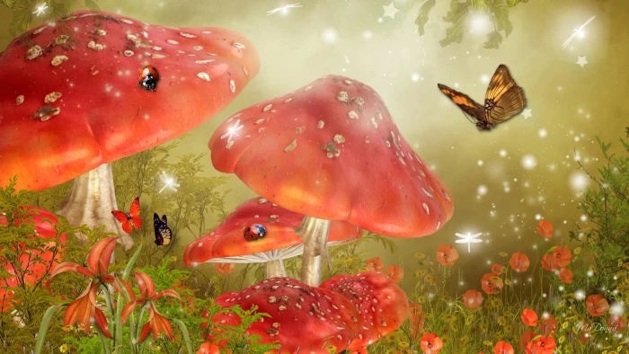 Mystical Mushrooms ladybugs papillon poppies flowers field 2k
