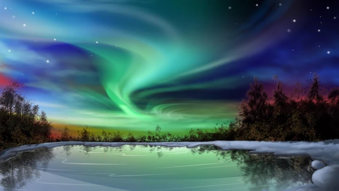 Mystical Sky northern lights lake nature green cold blue 2k