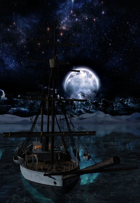 night full moon ship lake ocean arctic lookout mystical 2k