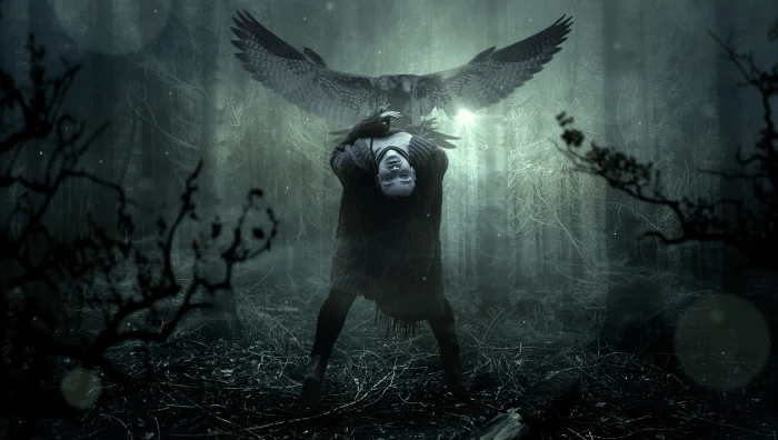 person bending its body near bird digital wallpaper fantasy 48 2k 4k 5k