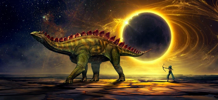 person pointing arrow in front of dinosaur during total solar eclipse digital wallpaper 2k 4k 5k