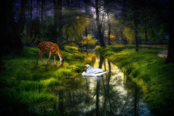 river bach nature fairytale swan roe deer photomontage 2k 4k 5k