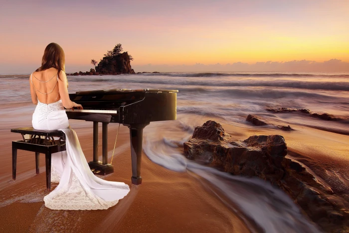 sea beach sunset sunrise piano spielerin music water 2k 4k 5k