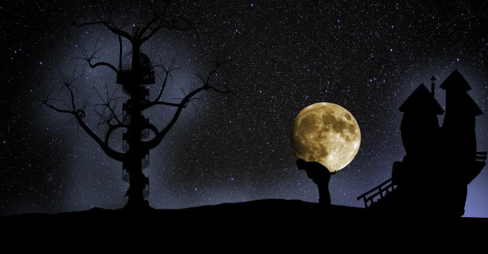 silhouette of person between tree and house during full moon 2k 4k 5k 8k