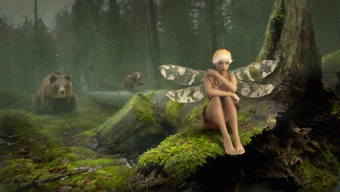 sitting on fairy brown cut log tales fantasy forest 2k 4k 5k