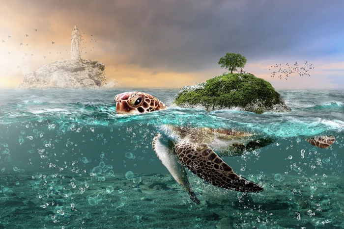 Tortoise Mystic Island Rocks Ocean Bubbles Underwater 2k 4k 5k