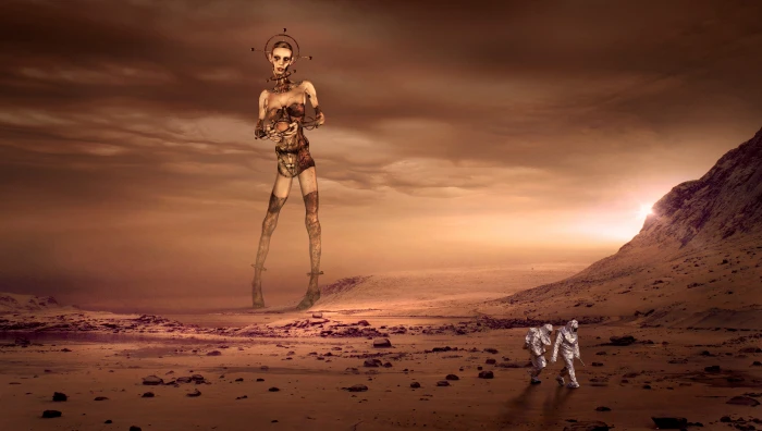 two astronauts walking on brown surface at daytime fantasy mars 2k 4k 5k