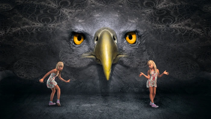 two girls standing at the front of eagle face wall fantasy twins 2k 4k 5k
