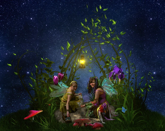 two women sitting near the flowers fee angel elf wing mystical 2k