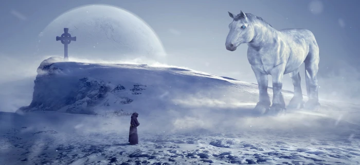 white horse on snow fantasy winter monk cold mystical composing 2k 4k 5k