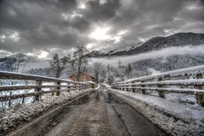 winding road with snow photo bridge hdr horror mystical spooky 2k 4k 5k