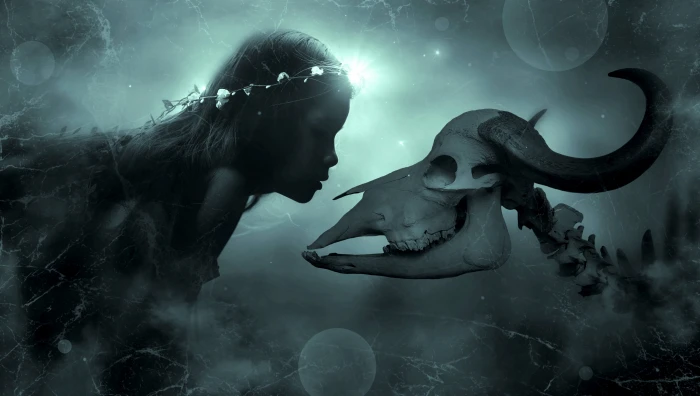 woman and animal skull wallpaper fantasy mysterious girl skeleton 2k 4k 5k