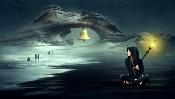 woman holding light post sitting on beach sand fantasy atmosphere 2k 4k 5k