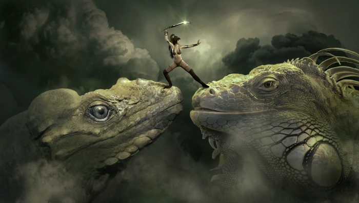 woman holding sword standing on two reptiles Fantasy Dragons 2k 4k 5k