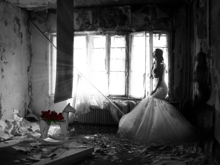woman in white dress inside dark messy room sad wedding sadness 2k 4k