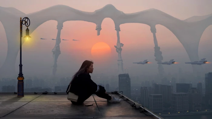 woman sitting on top of building fantasy girl city sunrise 2k 4k 5k