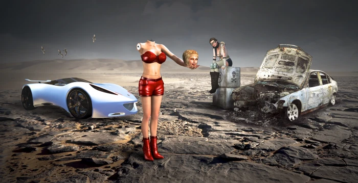 woman standing in the middle of field surrounded two cars background 2k 4k 5k