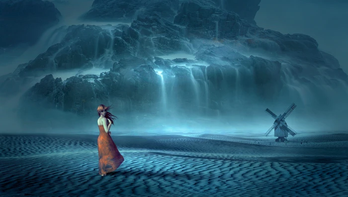 woman wearing orange dress standing on sand fantasy waterfall 2k 4k 5k