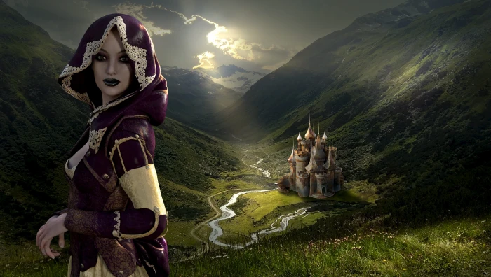woman wearing purple and beige medieval dress with castle background 2k 4k 5k