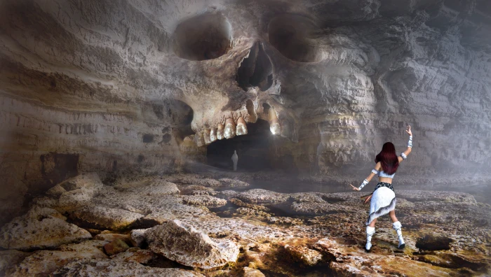 woman wearing white dress in front of skull cave illustration 2k 4k 5k