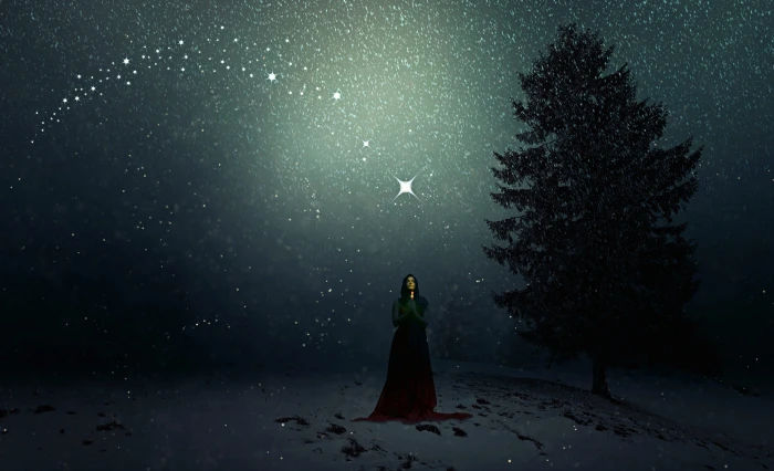 woman with dress digital wallpaper winter snowfall sorceress 2k 4k