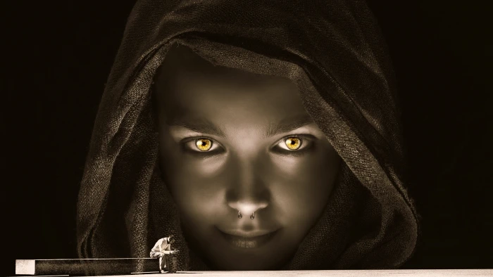 woman view gloomy man sitting fantasy mysticism face 2k 4k 5k