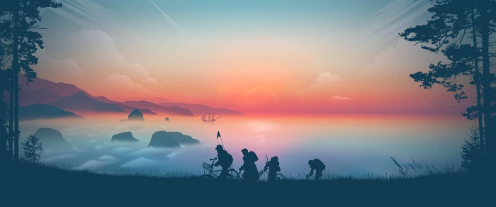 artwork digital art The Goonies sunset clouds mist Pirate ship widescreen dualmonitor dualscreen 2k 4k 5k