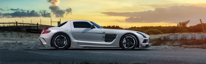 white sports car Mercedes Benz SLS AMG sunset multiple display widescreen dualmonitor dualscreen 2k 4k