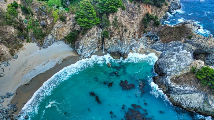 aerial photography of waves splashing by the seashore ocean 2k 4k 5k