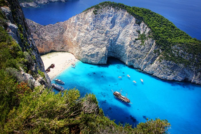Brown Galleon Shift in Blue Sea beach coast greece island 2k 4k 5k