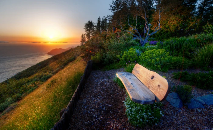 landscape nature during sunset illustration Bench Big Sur Monterey california 2k 4k 5k