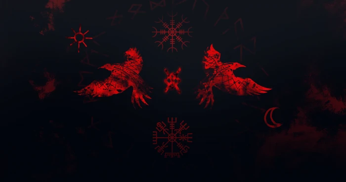 Huginn Muninn Vikings runes gnaugnir raven red Odin 2k 4k