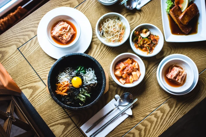 multiple dishes field bowls on table cooked foods Korean Food 2k 4k 5k