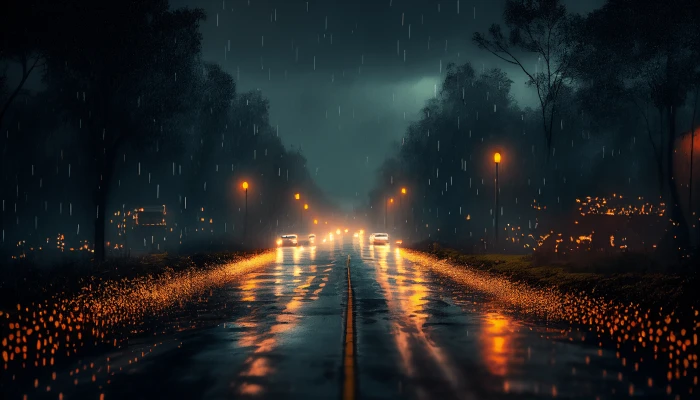 illuminated road on a rainy night 2k