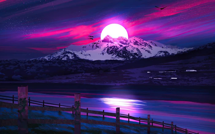 A nice scene night mountain moon fantasy art 2k