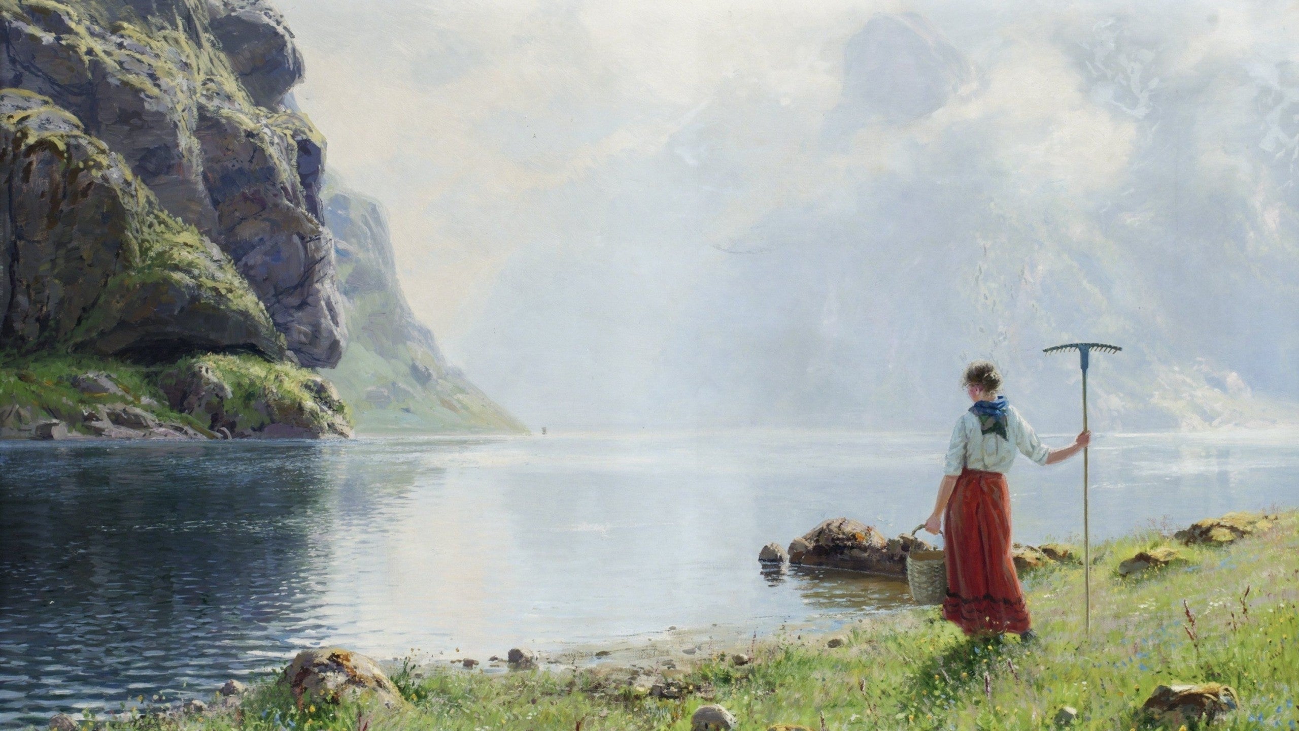 Woman with basket at a river bank 59 2k