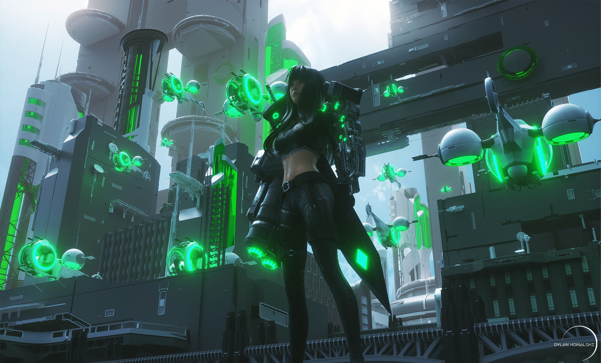 city cyber green futuristic digital art women