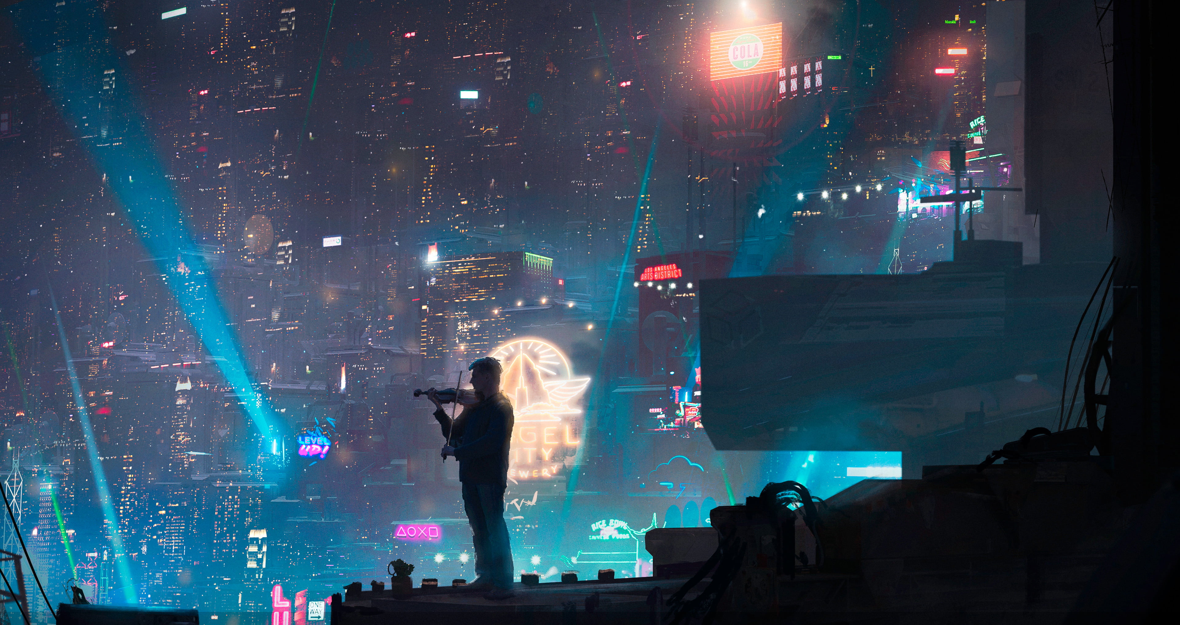 artwork digital art cyberpunk cyber city violin neon 2k
