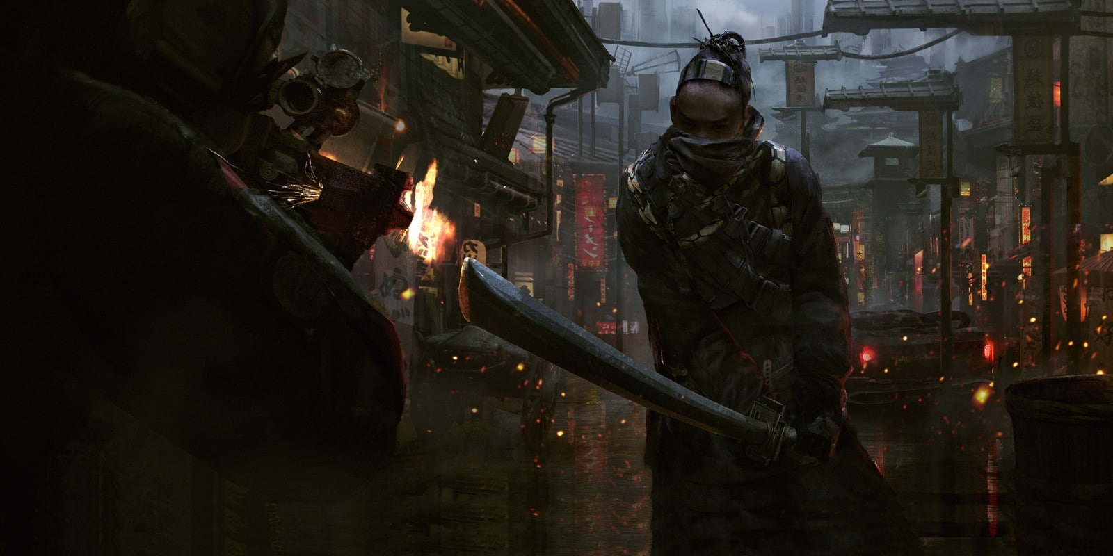 artwork futuristic city concept art samurai