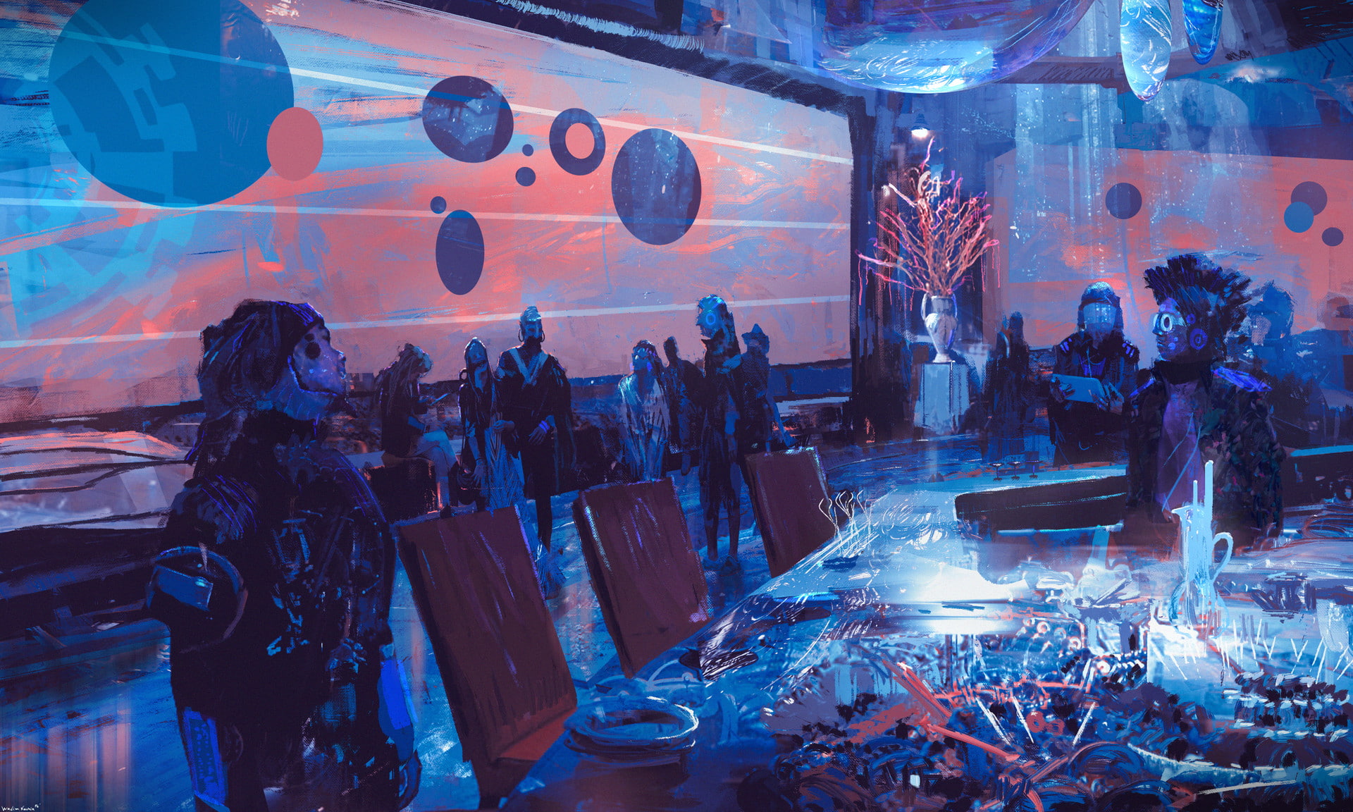 cyber cyberpunk bar futuristic painting real people group of