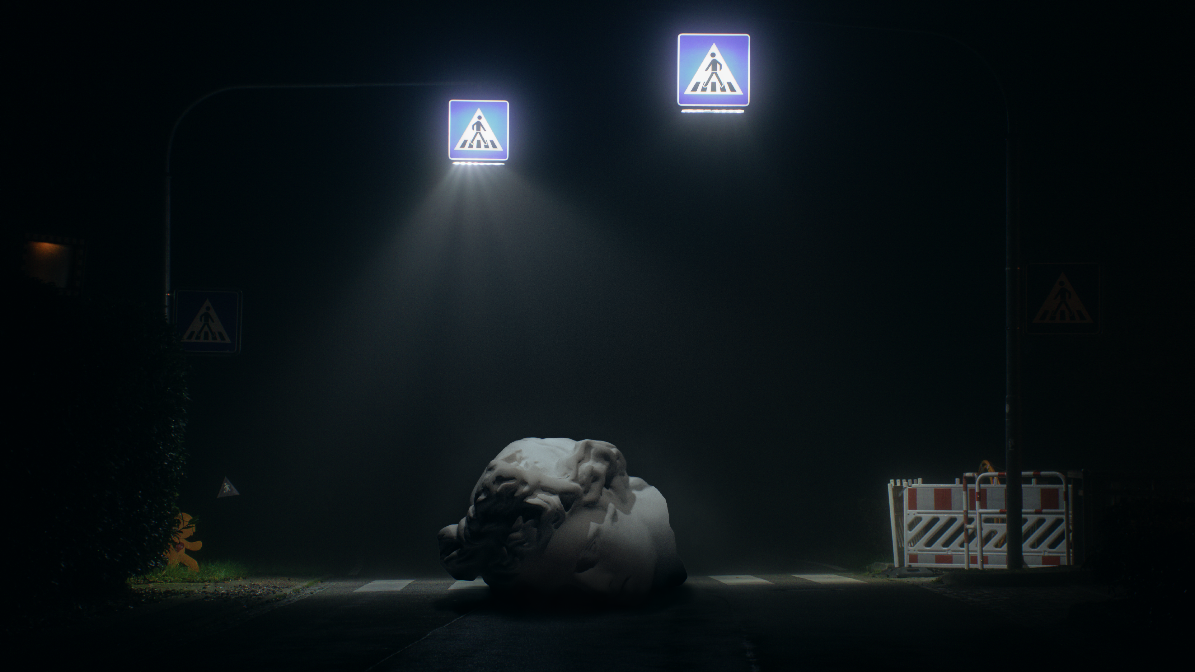 A crosswalk with a bust head lying on it 2k