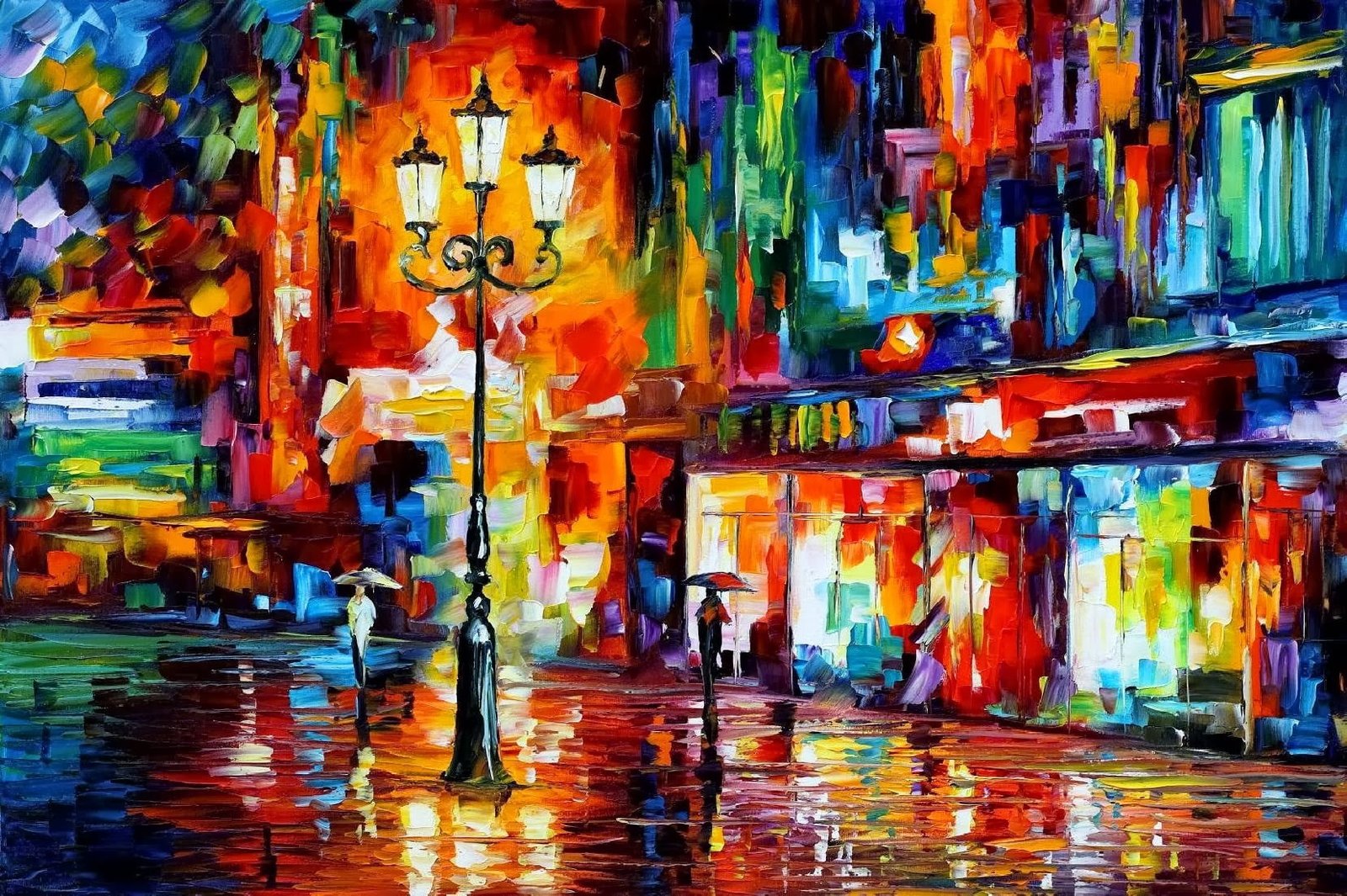 assorted colored abstract painting colorful street light Leonid Afremov