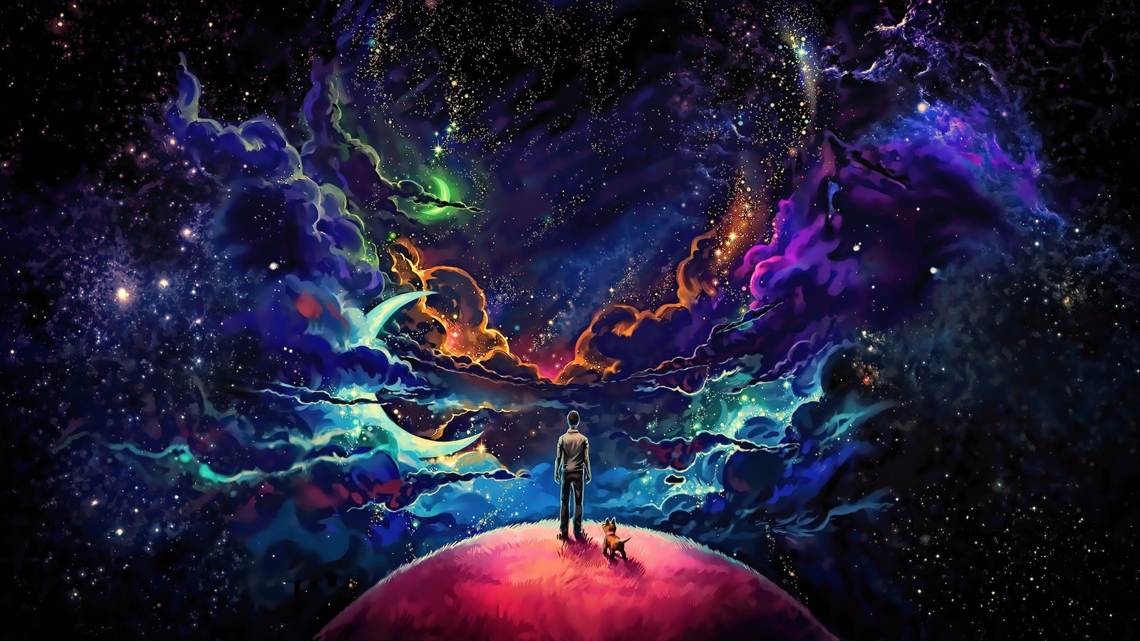 blue and purple cosmic star wallpaper man dog standing on top of planet painting 50 2k