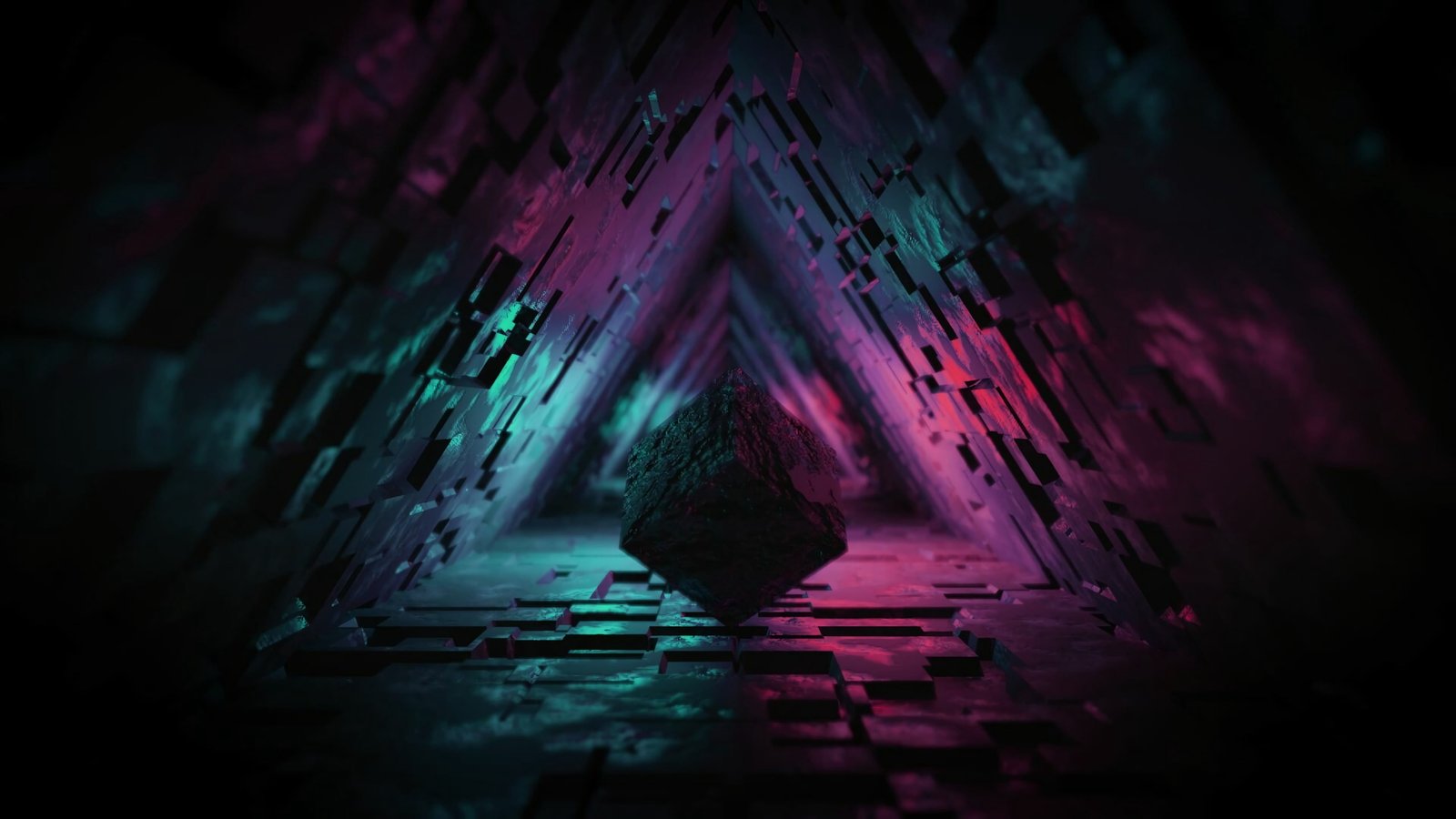 digital art artwork cube lights neon geometric figures 2k