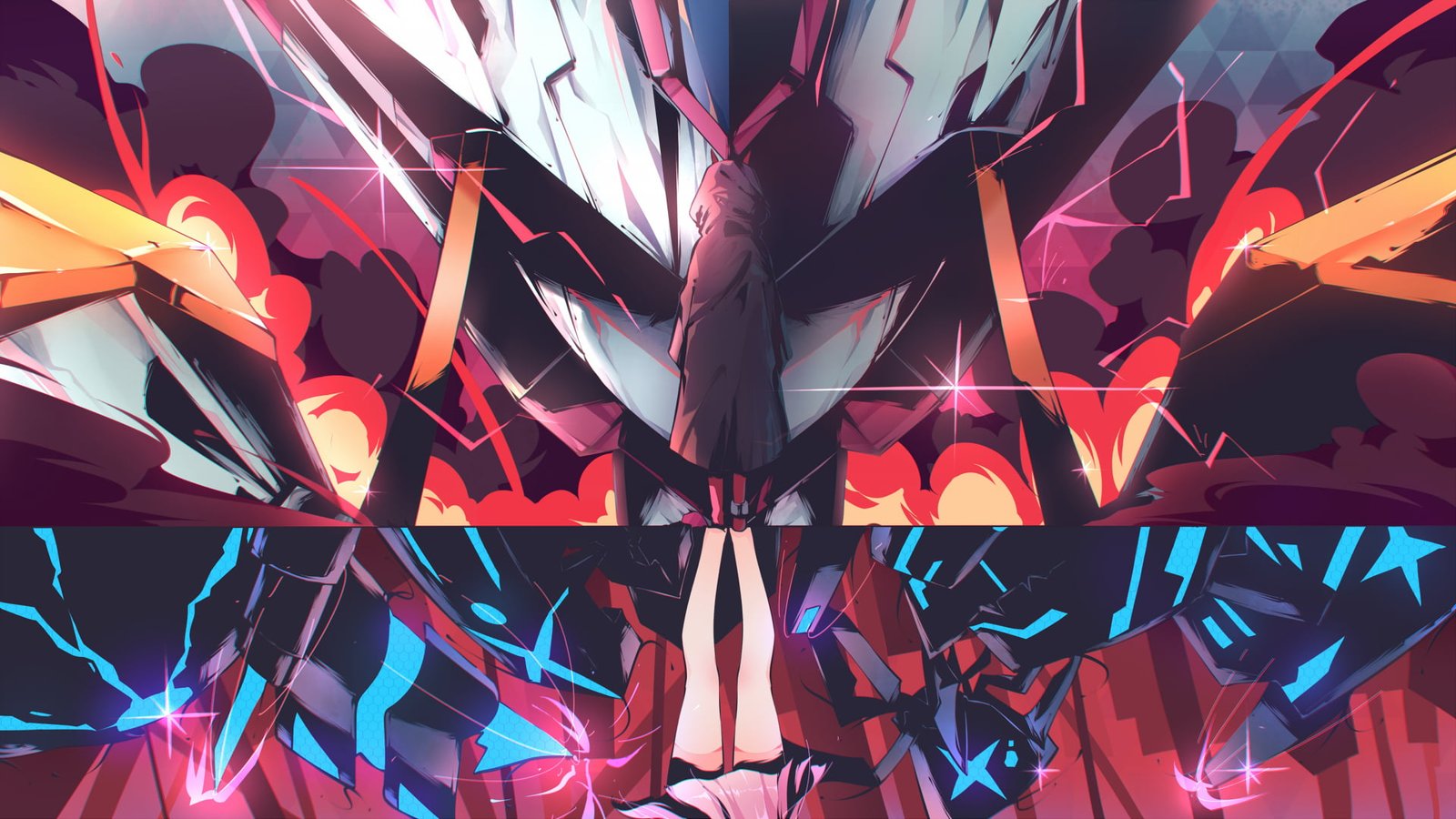 red white and orange abstract digital wallpaper anime girls