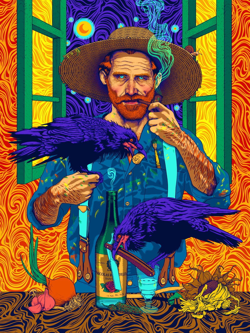 Vincent van Gogh smoking colorful abstract crow paint brushes
