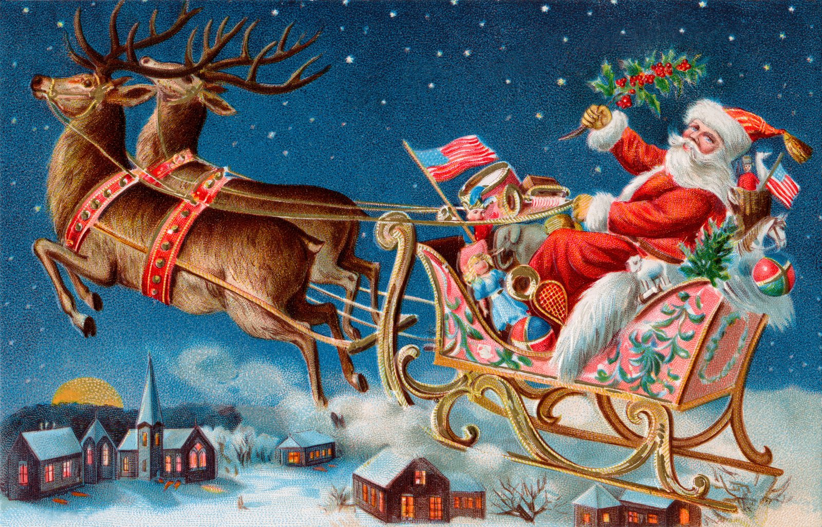 Santa Claus on sleigh with reindeer painting winter toys gifts 2k 4k 5k